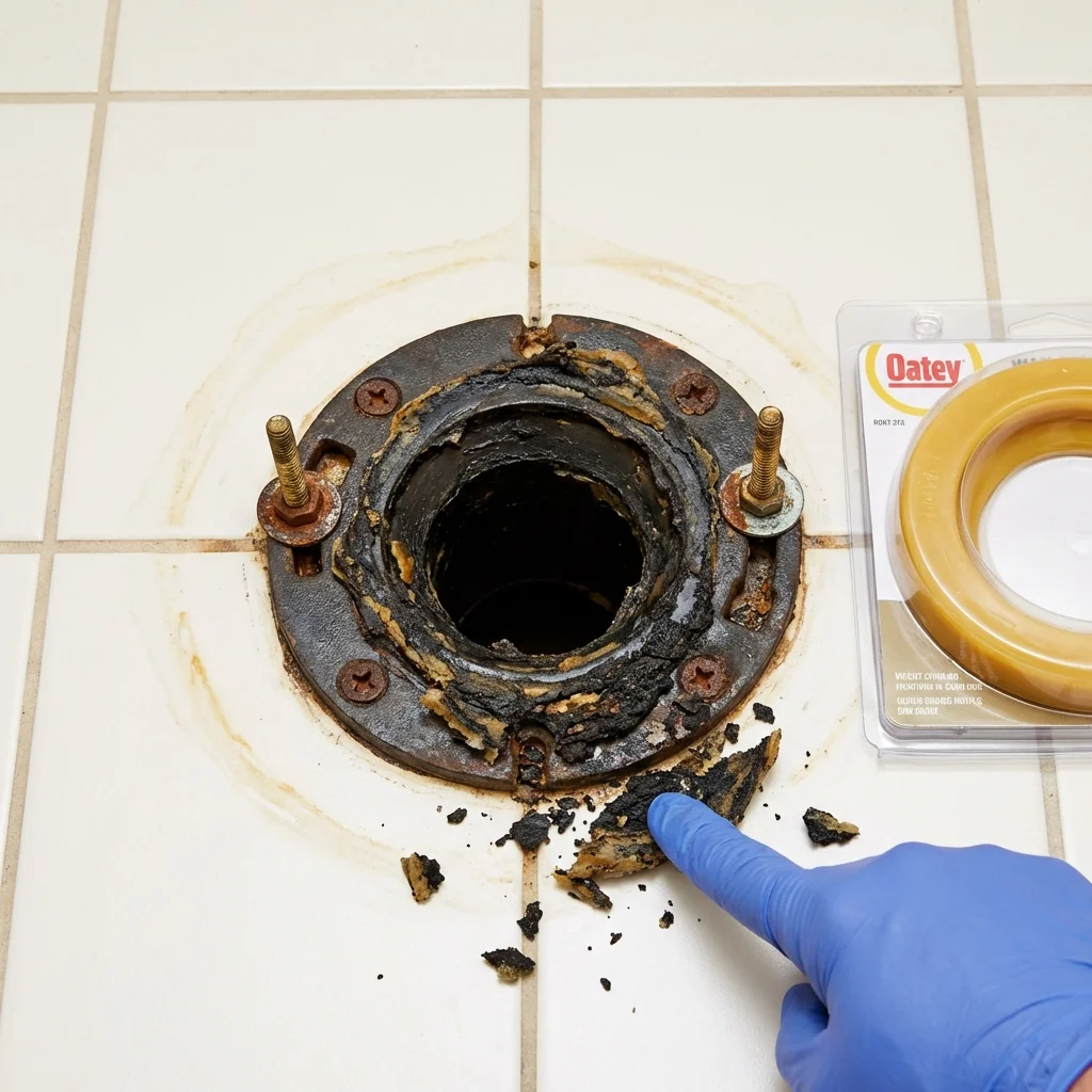 Failed wax ring showing water seepage at the base of a toilet in a Nashville, NC home