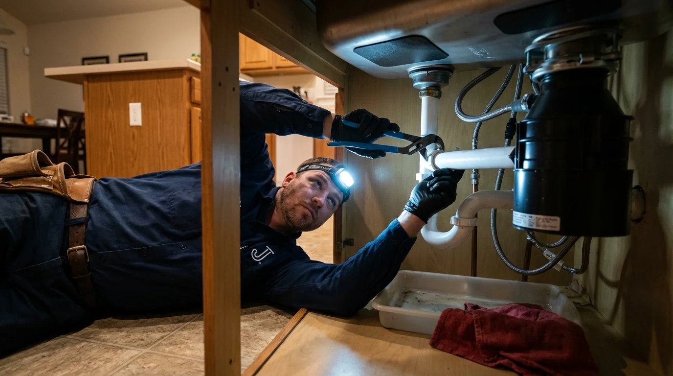 P-trap and supply line connections under a kitchen sink showing a common leak point in Nashville, NC